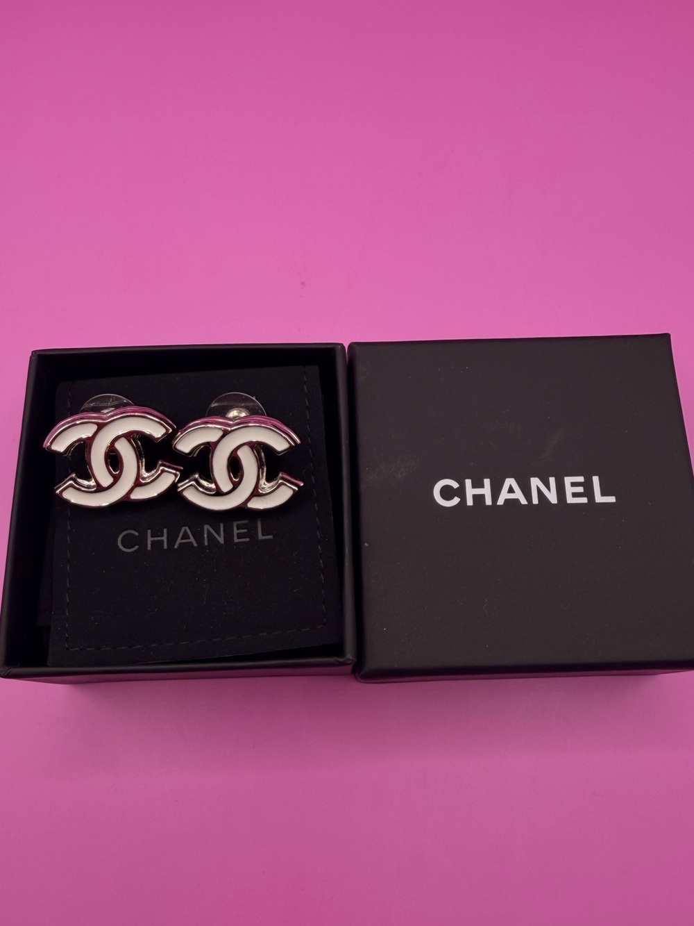 Authentic CHANEL Pink and White CC Logo Stud Earrings